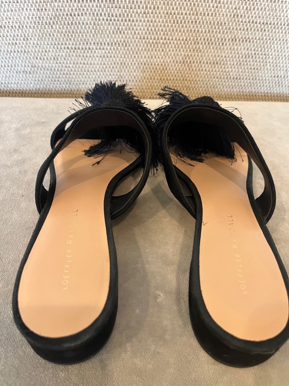 Loeffler Randall Black Tassel Slide Mules with Navy Accents - Picture 2 of 7